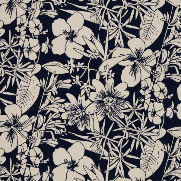 Baumwoll Stretch-Satin Bloom - cremeweiße Blüten auf Dunkelblau